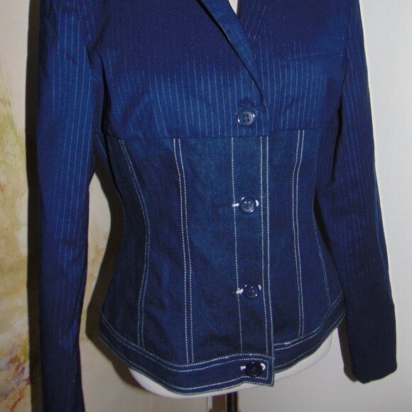 Vintage Y2K Windsor Fashions Blazer Denim & Pin Stripe Jacket Blue Fitted 13 - Picture 9 of 10